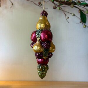 Vintage Fruit Cluster Ornaments Glittered Apples, Grapes, Pears - Set of 2